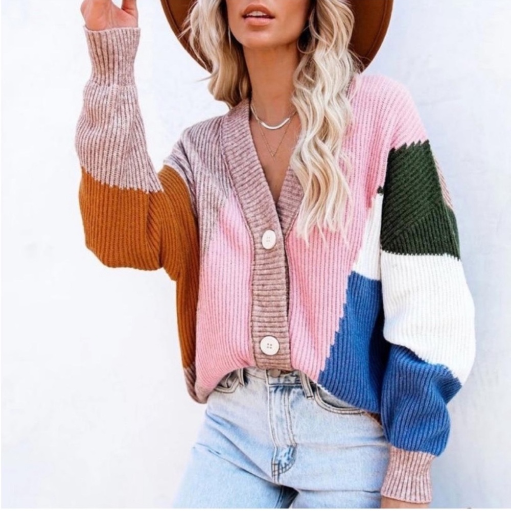 VICI Colorblock Tan Blue Pink Cardigan Size S